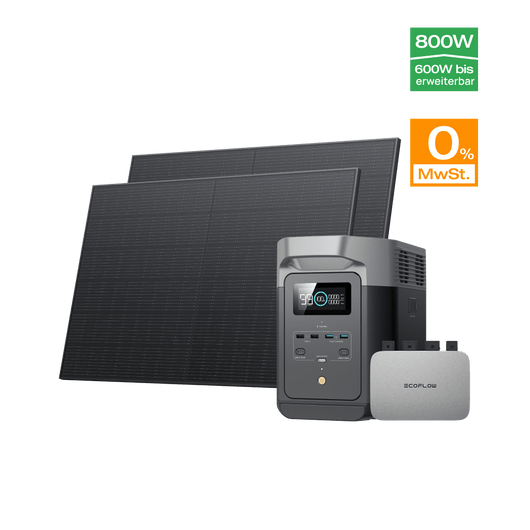 EcoFlow PowerStream Balkonkraftwerk mit 1 kWh Speicher 800W - DELTA 2 600W + 2x 400W Starres Solarpanel + DELTA 2 (mit Batteriekabel) / Ohne / 0 % MwSt. (Nur Deutschland)